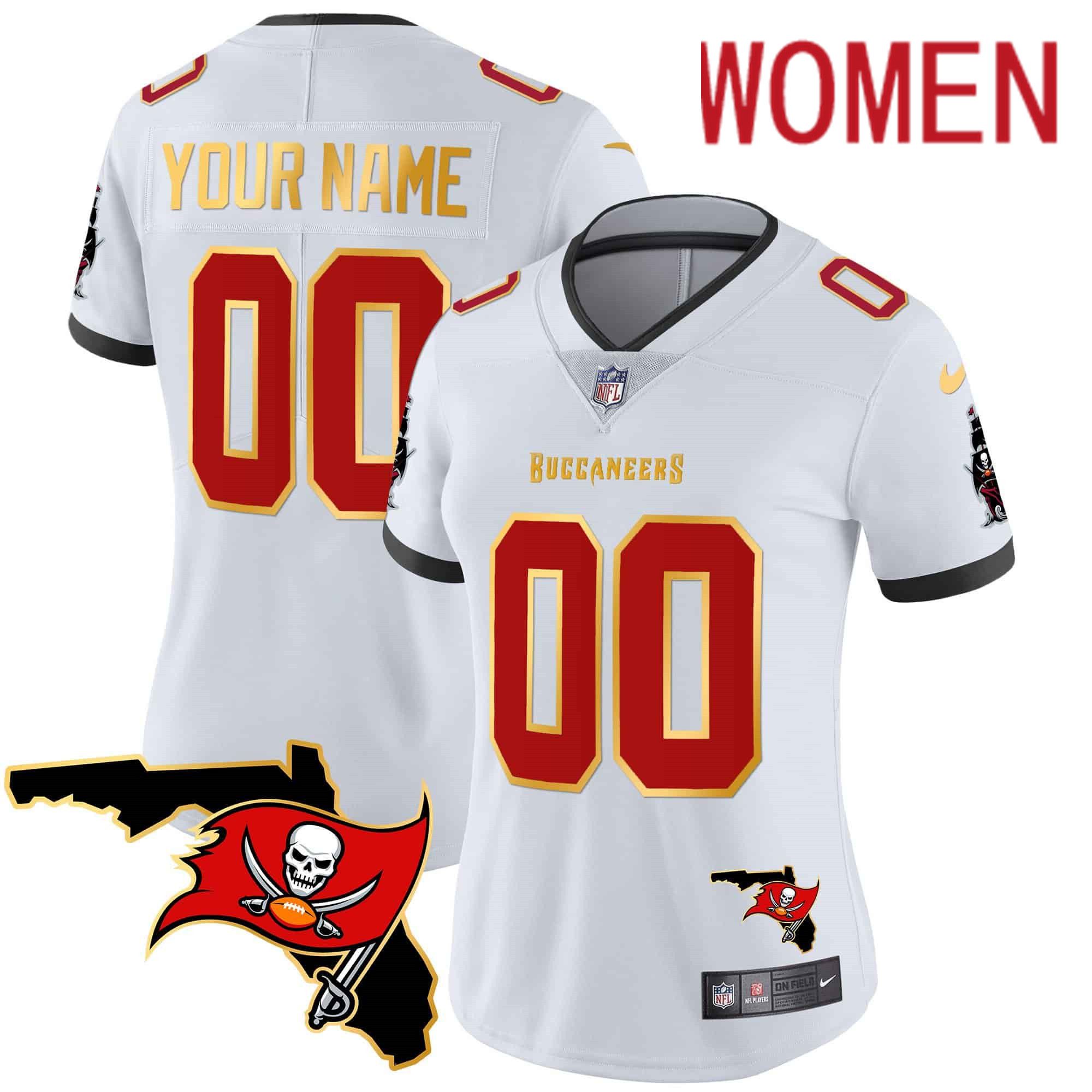 Women Tampa Bay Buccaneers White 2024 Nike Florida Patch Gold Trim Vapor Custom NFL Jersey